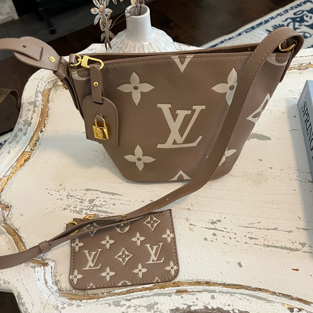 Designer Inspired Tan Monogram Shoulder Bag with matching coin purse